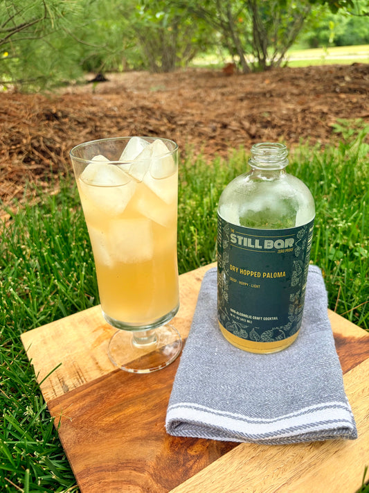 Dry Hopped Paloma from The Still Bar, nonalcoholic cocktail poured over ice in the back yard. 