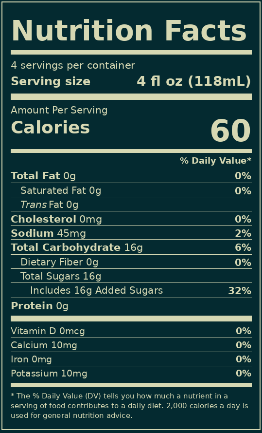 Snowjito nutrition facts label